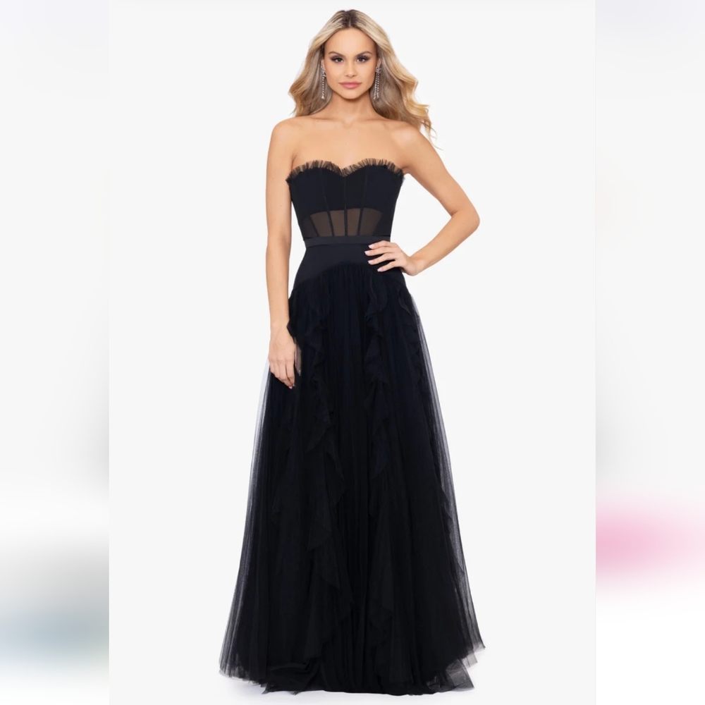 NWT Betsy & Adam Black Ruffled A-Line Maxi Dress